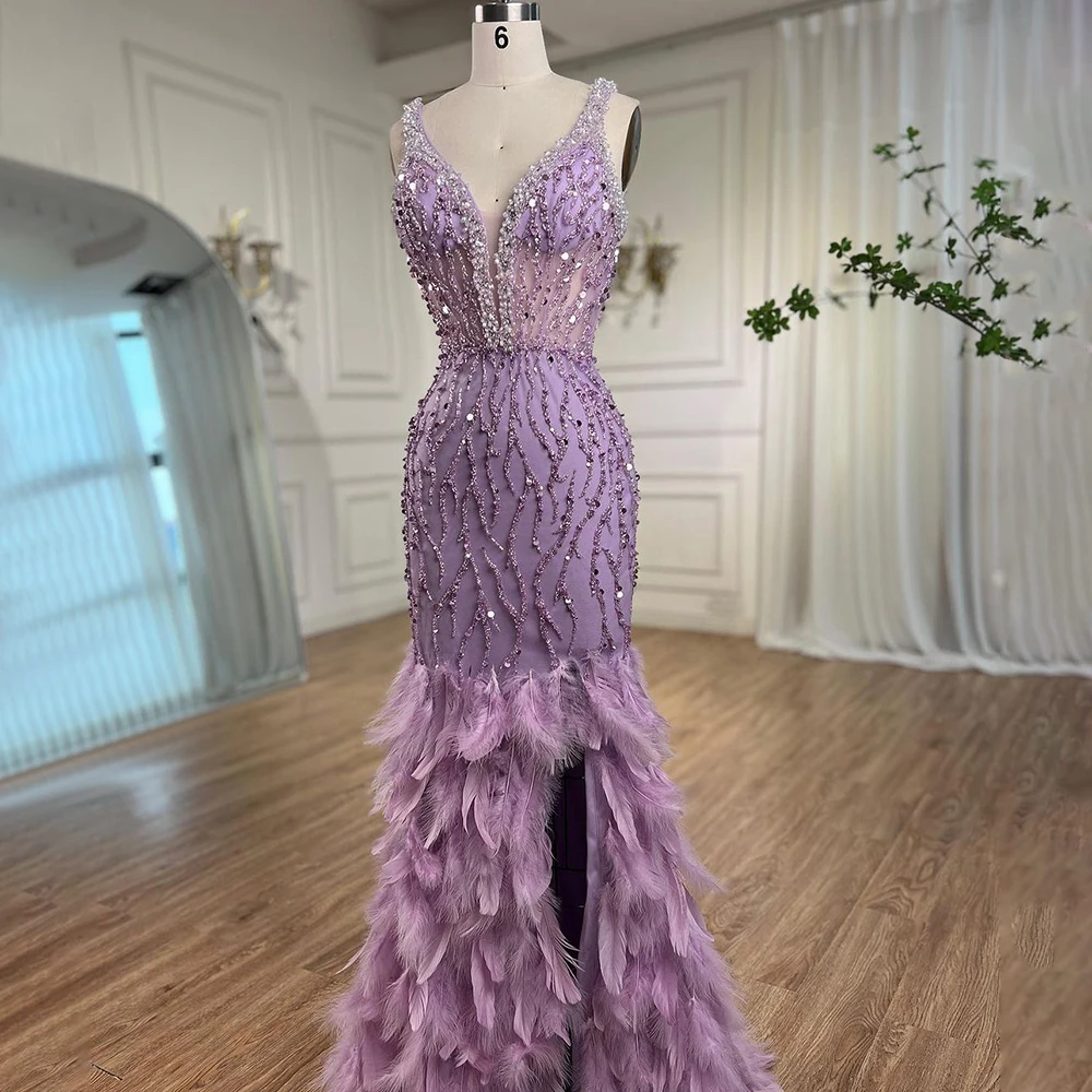 Pink Mermaid Sexy High Split V Neck Evening Dresses Feather Beaded Gowns Long For Women Wedding Party