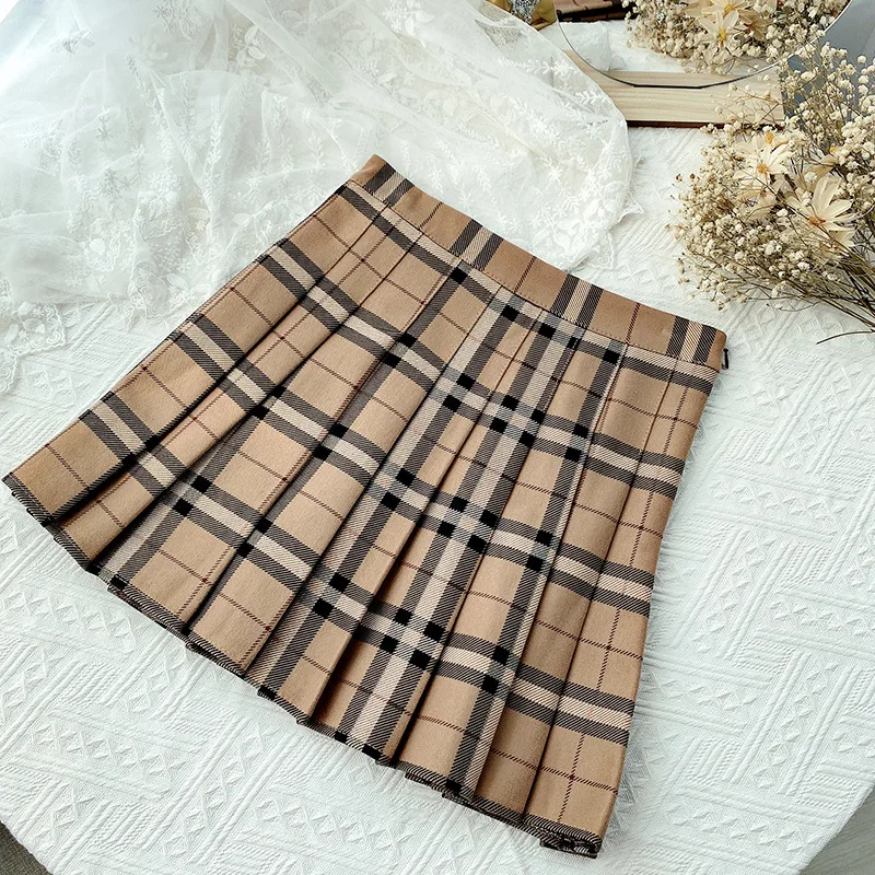 Korean Style Pleated Skirt Contrast Color Plaid Striped Skirt High Waist A-Line Plaid Mini Skirt Sweet Style