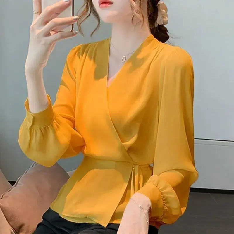 Fashion V-Neck Solid Color Versatile Strap Chiffon Shirt Women's New Loose Korean Style Top Irregular Shirt