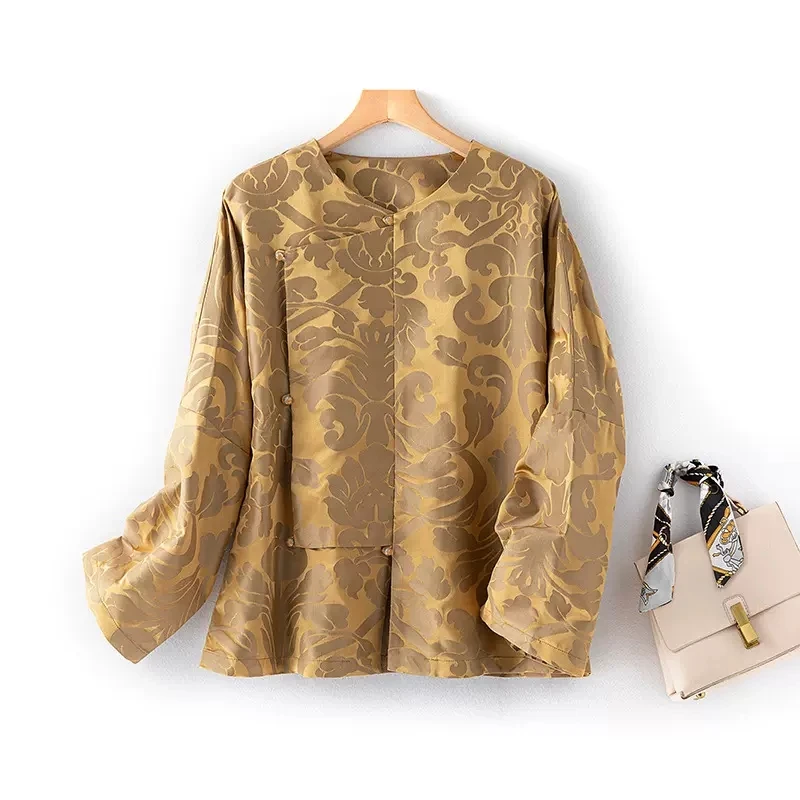 100%Real Silk Retro Shirt, Women Long Sleeve Jacquard, Loose Blouses