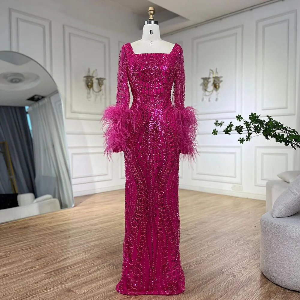 Fuchsia Luxury Beaded Feathers Mermaid Women Weddi...