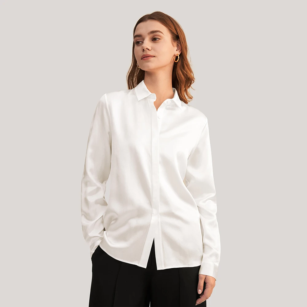 Silk Shirt Women Basic Placket Soft Satin Natural Sheen Elegant Ladies Long Sleeve