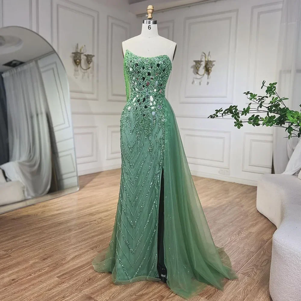 Green Mermaid Spaghetti Straps High Split Beaded Sequined Evening Dresses Gowns For Women Party