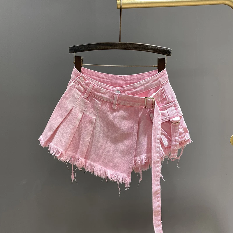 Irregular Pink Denim Skirt For Women In Summer High Waist Slim Fit Fake Two Piece A-Line Short Skirt