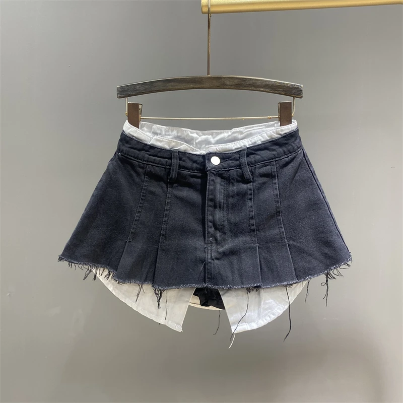 New Fake Two-Piece Color Matching Short Denim Skirt Women's Slim A-Line Mini Pleated Skirt High Street