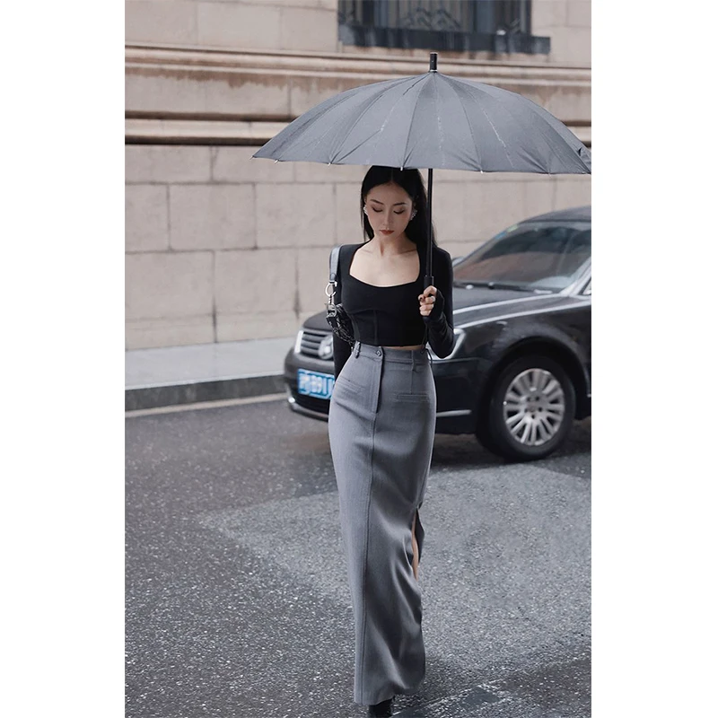 Elegant Slit Midi Skirt Women Streetwear High Waist Suit Skirt Office Ladies Fashion Grey Black Slim Pencil Skirt