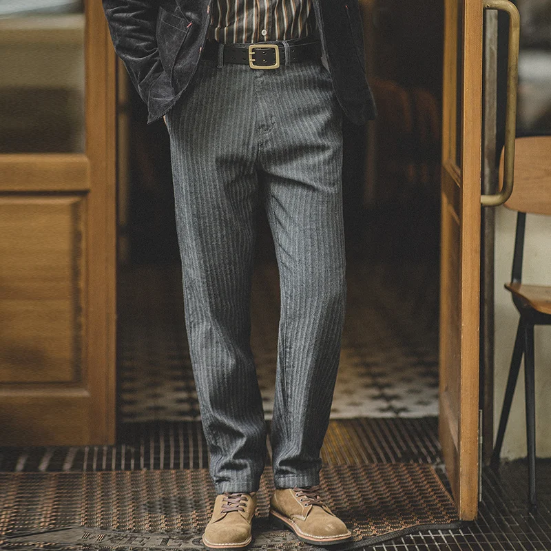 Vintage Striped Slim Straight Leg Men's Trousers, Twill Fabric Adds a Classic Touch to Any Outfit.