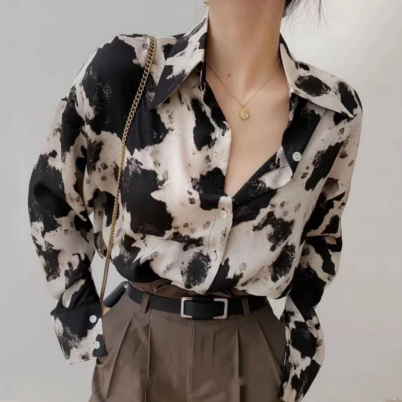 Cow Print Button Up Shirts Women Long Sleeve Blouse Korean Fashion Loose Clothes Chiffon Shirt Streetwear Tops Spring New 13486