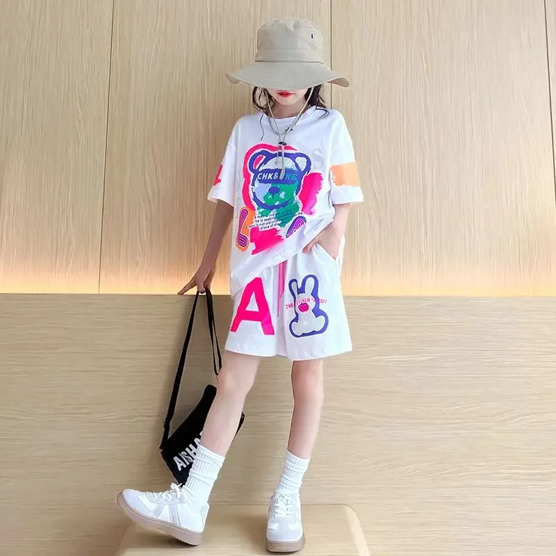 Summer Children's Girls Clothes Cartoon Print T-Shirt Shorts Suit Teenager Fashion Short-Sleeved Tops And Bottoms