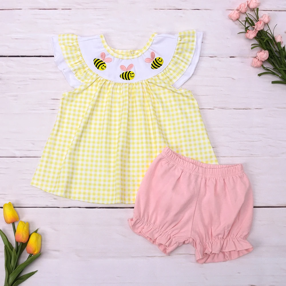 Baby Girl Clothing Set 2 Piece Cotton Outfit Bee Embroidery Bodysuit Babi Yellow T-Shirt Plaid Outfit Pink Shorts