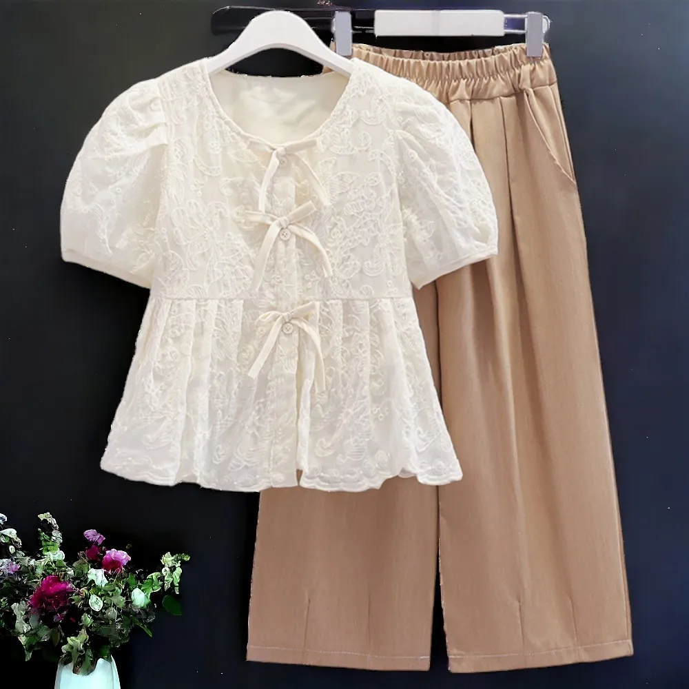 Summer Girls Casual Outfits Short Sleeve Lace Shirt And Pants Teenagers Clothing Set