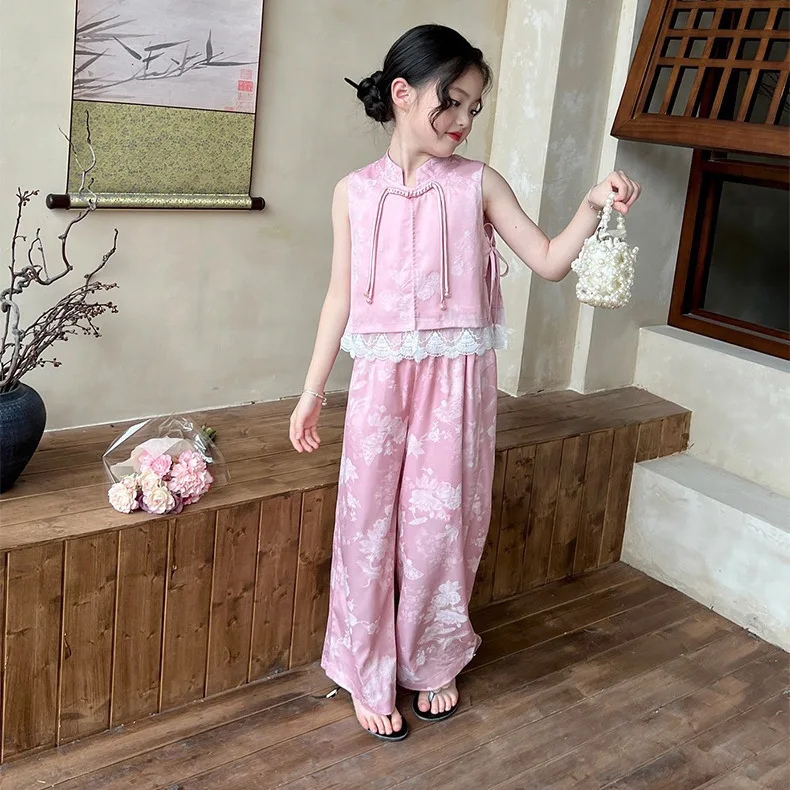 Girls Pink Lace Clothing Set Chinese Vest + Top + ...