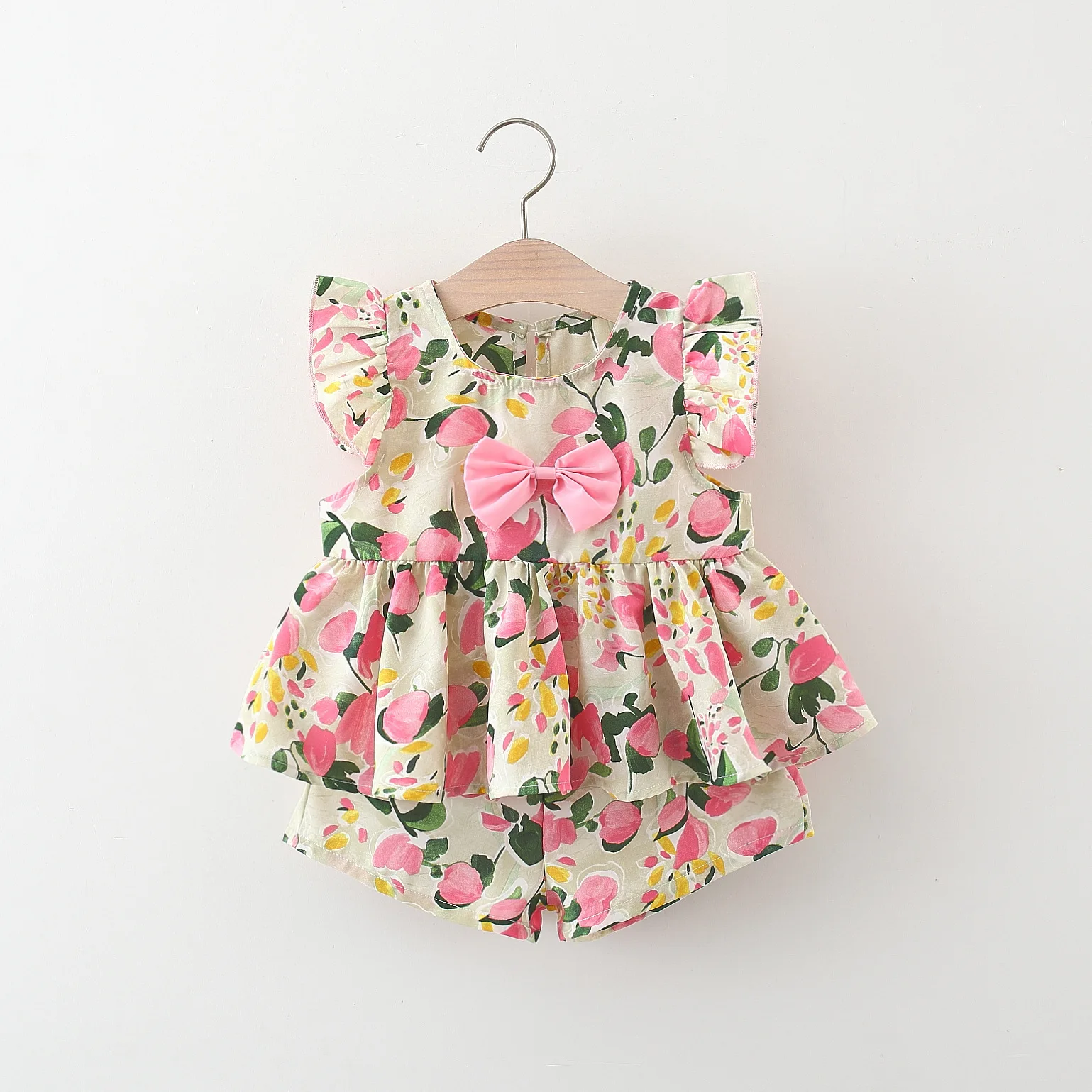 New Summer Girls' Peach Heart Bow Flying Sleeve Su...