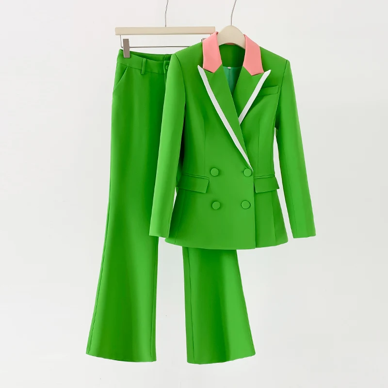 Clothing Women Green Pants Suits Slim Fit Flared + Blazer Formal Business Suit Blazer Suits Two-Piece