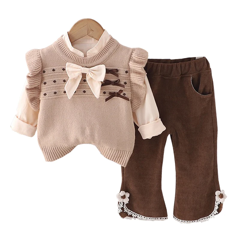 Children's Clothing Suit Spring Baby Girl Knitted Lace Vest Shirt Pants 3-Piece Set Bow Princess Clothes Children's Clothing