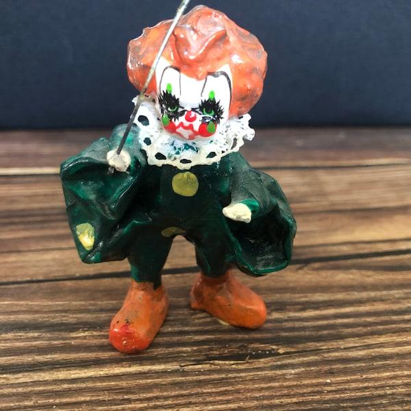 Vintage Miniature Paper Mache Folk Art Clown Figurine Holding Balloon