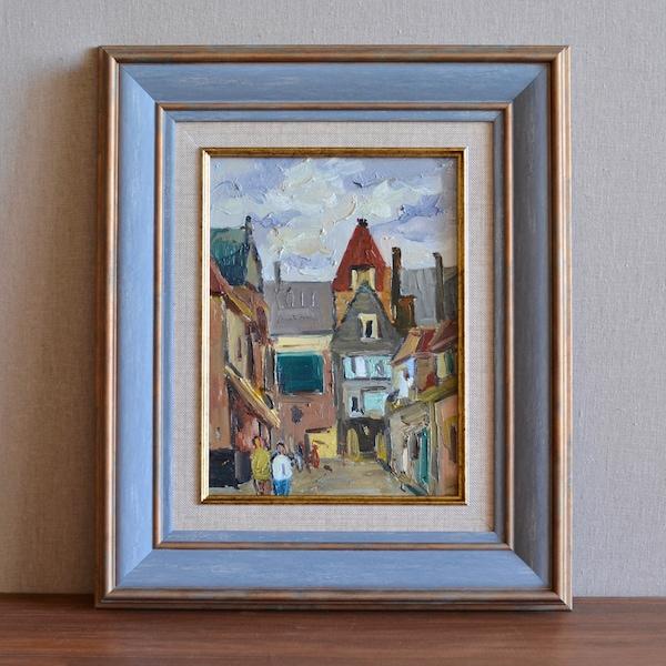 Urban Landscape Oil Painting. Scenery, Buildings And Characters. Vintage Style Handmade Oil Painting