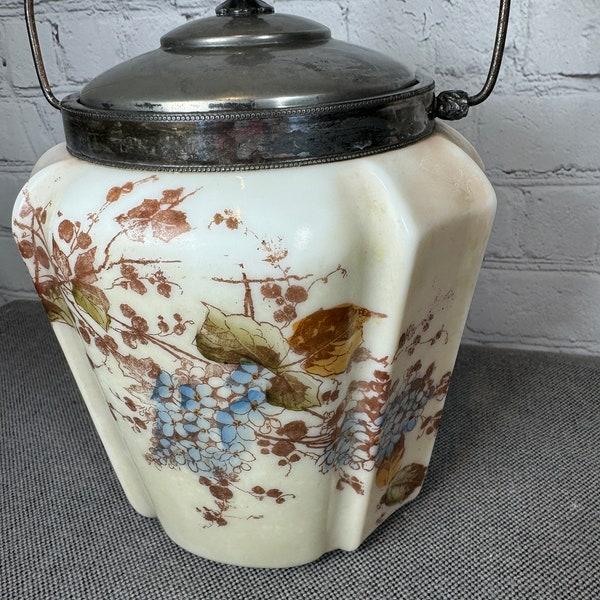 Victorian Biscuit Jar With Ivory Base, Pink Hue, Blue Flowers & Foliage Transferware