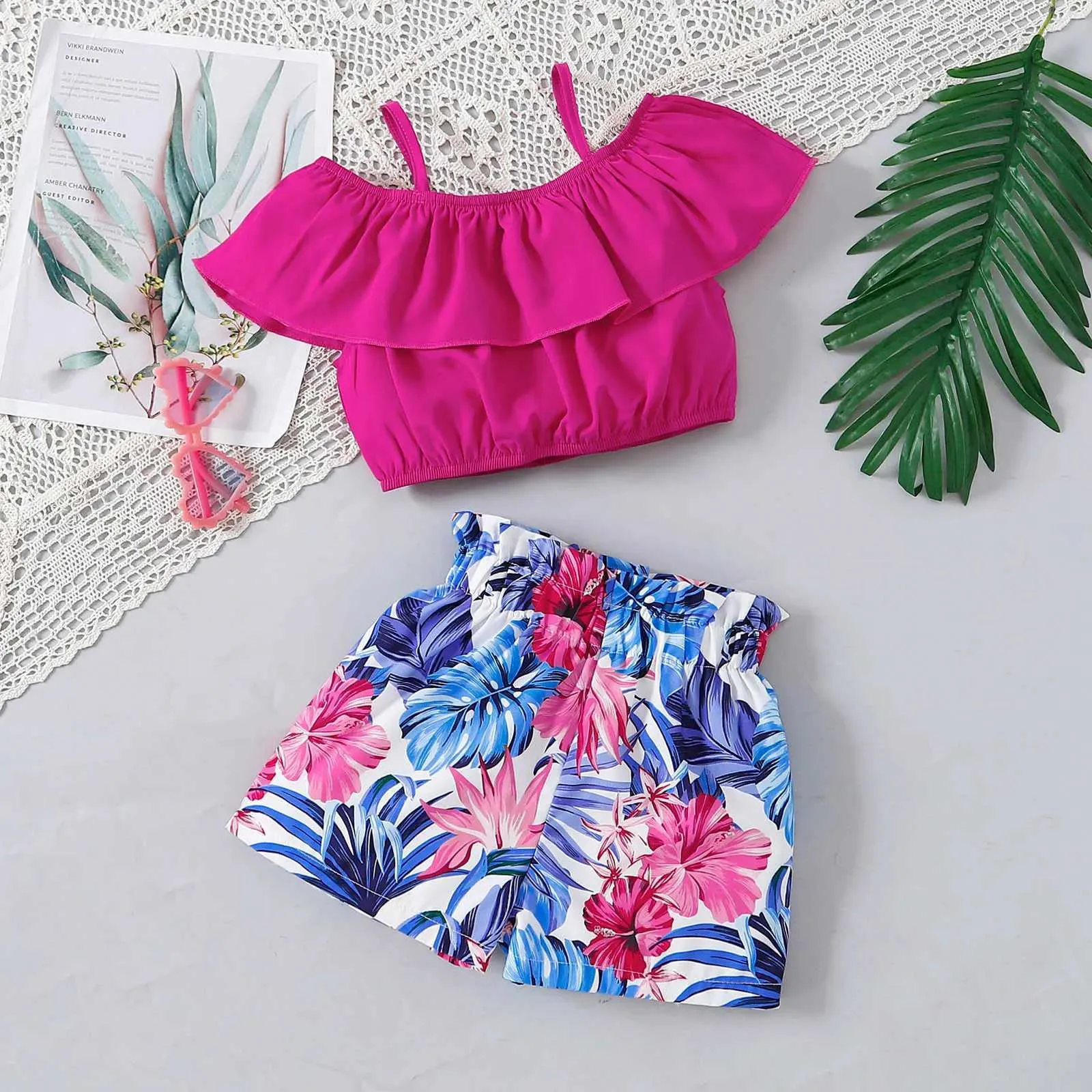 Clothing Sets Children Sleeveless Summer Clothes Sets For Girls 2-8 Years Ruffles Vest Tops Flowers Prints Shorts Beach Wear Two Piece Outfits