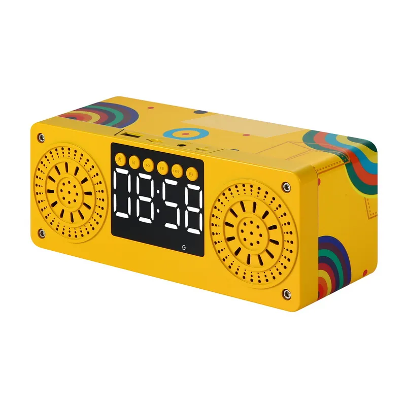 Colorful Wooden Portable Bluetooth 5.0 Speaker Alarm Clock LED Display Speaker Stereo Desktop Subwoofer