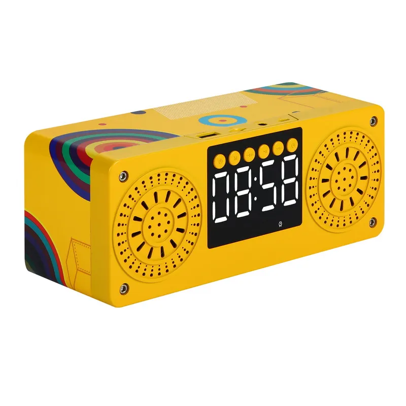 Colorful Wooden Portable Bluetooth 5.0 Speaker Alarm Clock LED Display Speaker Stereo Desktop Subwoofer