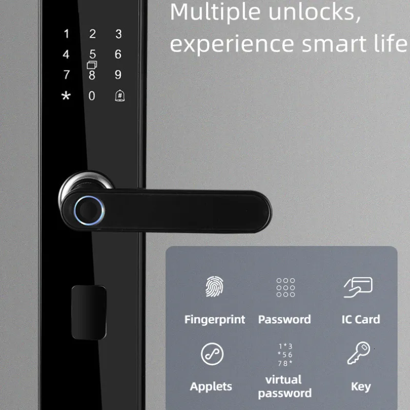 Black Electronic Smart Door Lock with Biometric Fingerprint, IC Card, Password and Key Unlock USB Emergency Charge Smart Lock