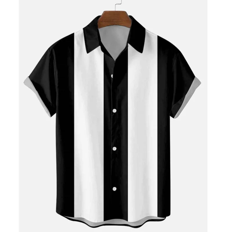 Men's 50s Shirt Vertical Striped Shirts for Men Button Up Shirts Short Sleeve Blouse Mens Bowling Dress Shirts