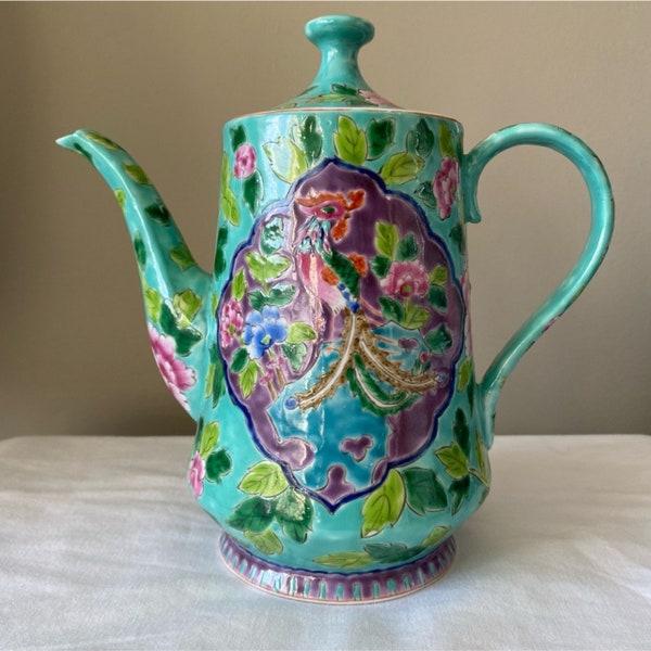 Turquoise Porcelain Pot Enamel Pot Coffee Pot Pink Peony And Bird Of Paradise Ceramic