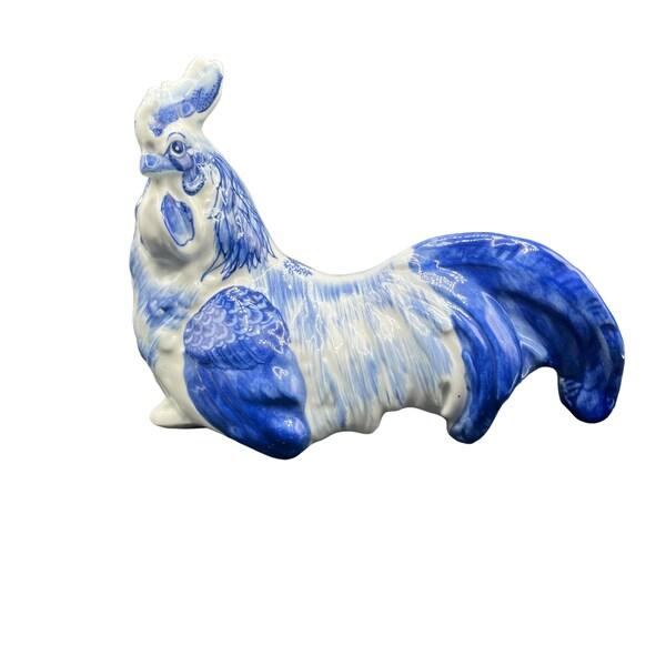 Vintage Handmade Blue And White Porcelain Rooster