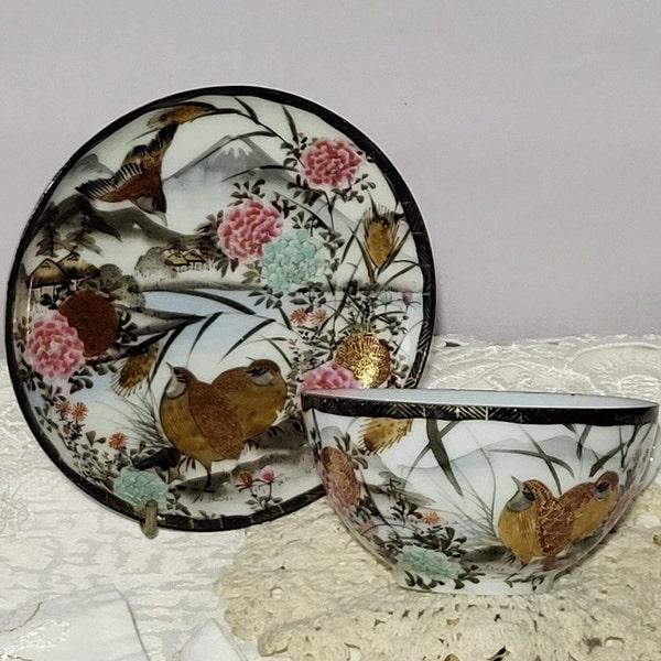 Kutani Tea Cup and Saucer: Rare Vintage Porcelain with Exquisite Hand-Painted Bird and Floral Designs