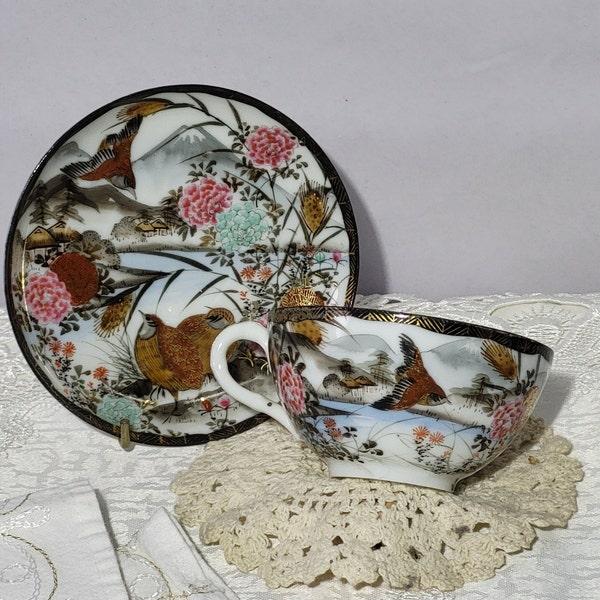 Kutani Tea Cup and Saucer: Rare Vintage Porcelain with Exquisite Hand-Painted Bird and Floral Designs