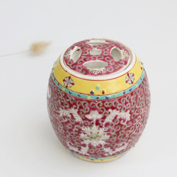 Vintage Ginger Jar With Lid, Dark Pink Base, Floral Pattern Vase Jar