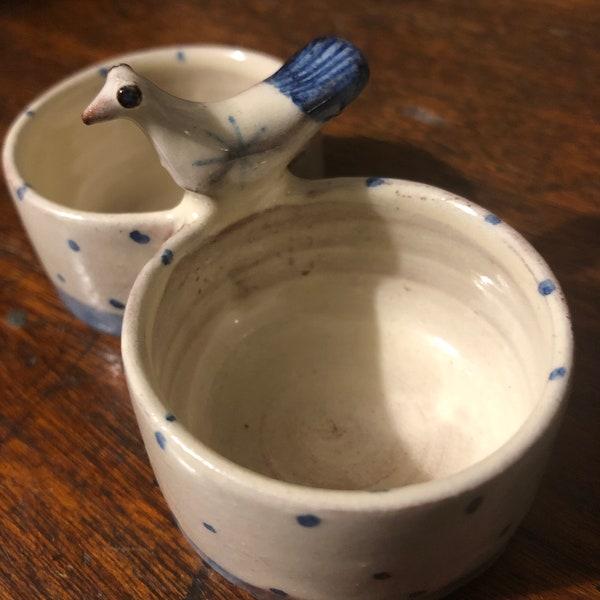 Vintage Twin Condiment Cruet Pot With Bird Handle By Eel Pie Pottery