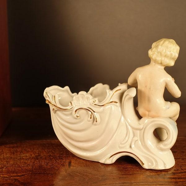 Antique Ceramic Little Angel Boy Child Statue Flower Pot Vase Bowl Garden Home Decor Collectible Vintage Little Angel