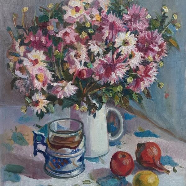 Still Life With Fruit Oil Painting Bouquet Of Flowers Flowers Original Art Wall