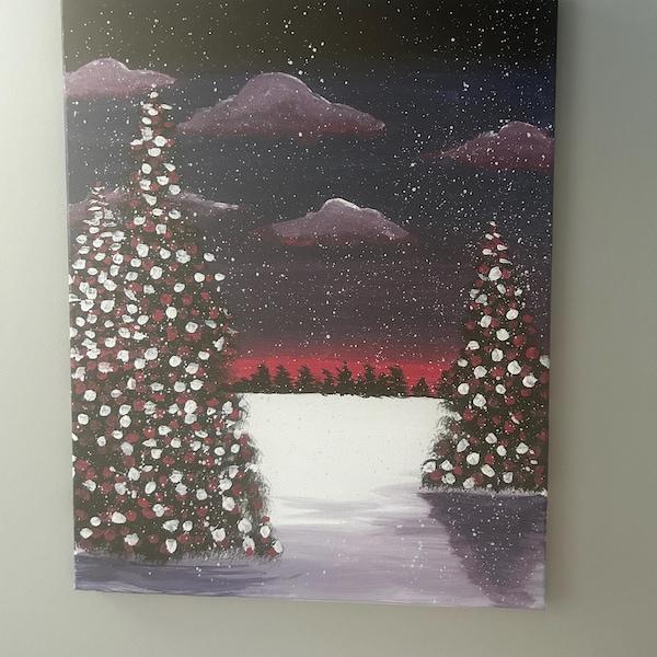 Handmade Painting - Winter Wonderland Scene. Christmas Painting on Canvas