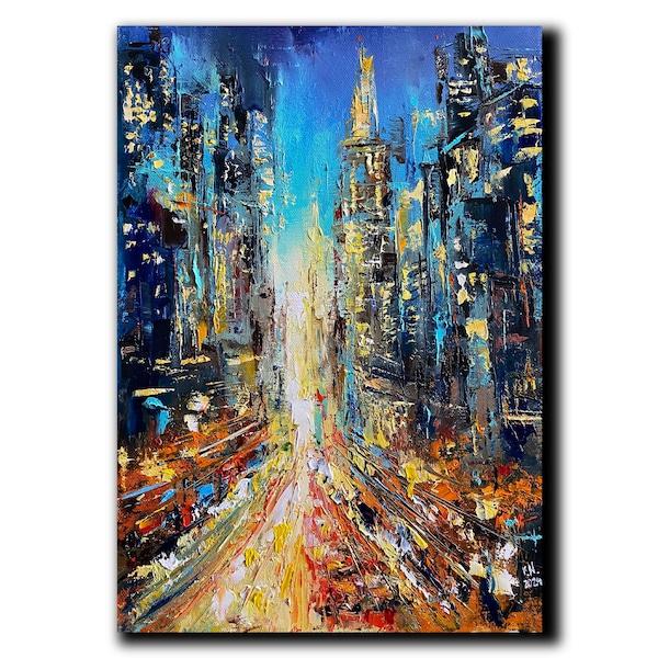 Night Original Painting Canvas Vibrant Oil Painting Cityscape Contemporary Art Urban Style Artwork Street