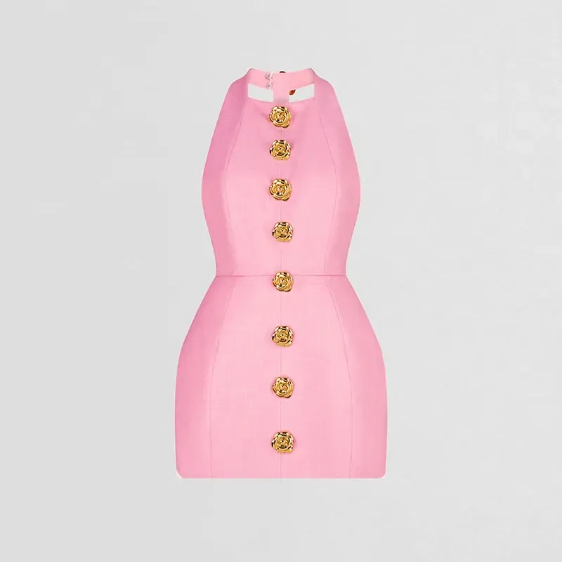 Casual Dress Sexy Women Hollow Backless Dress Elegant Women Sleeveless Slim Fit Gold Buttons