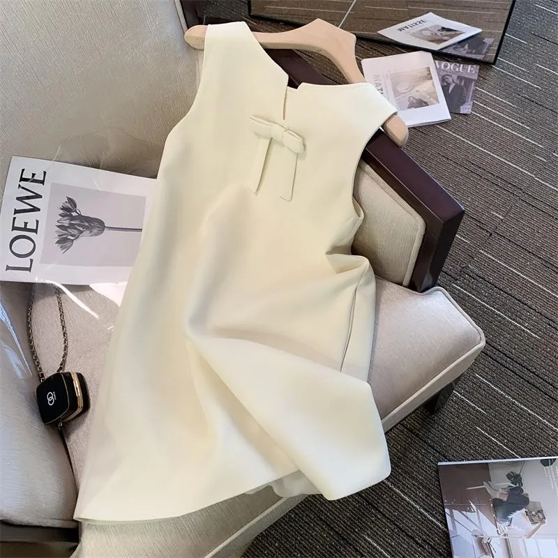 Casual Dress French Style White Elegant Exquisite Bow Dress Fashion Solid Color Sleeveless Slim Fit