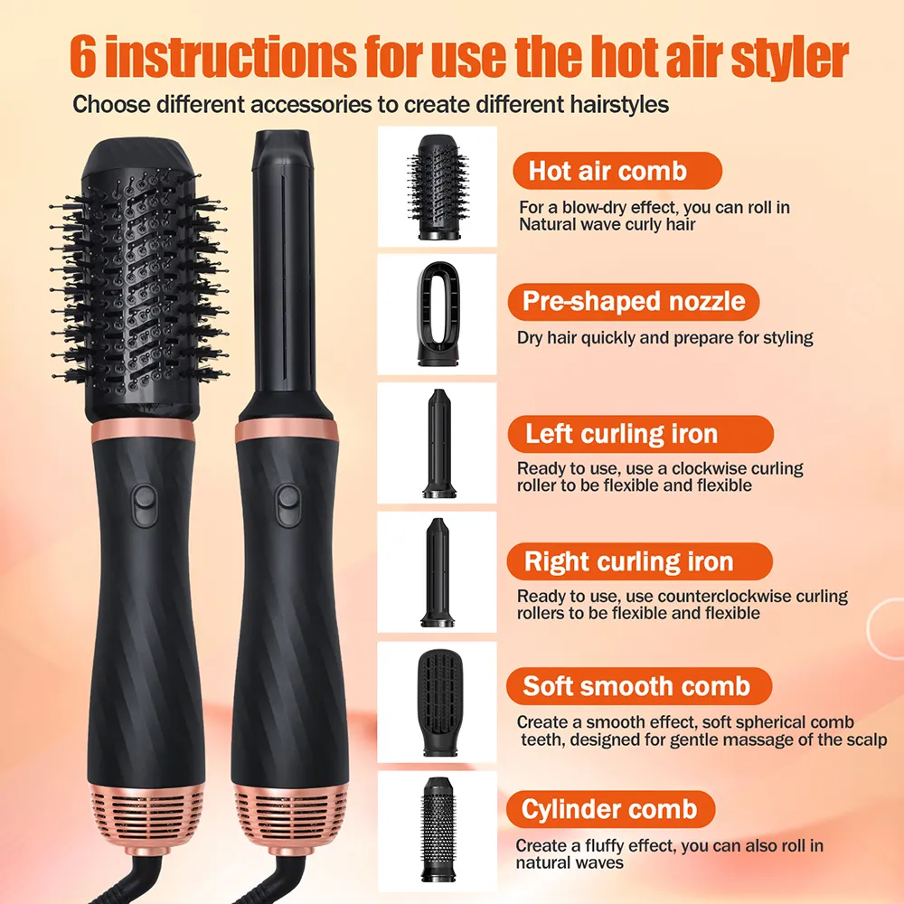 6-in-1 Professional Hair Styling Tool: Hair Dryer, Air Brush, Automatic Curler, Volumizer, Curling Iron, and Straightener