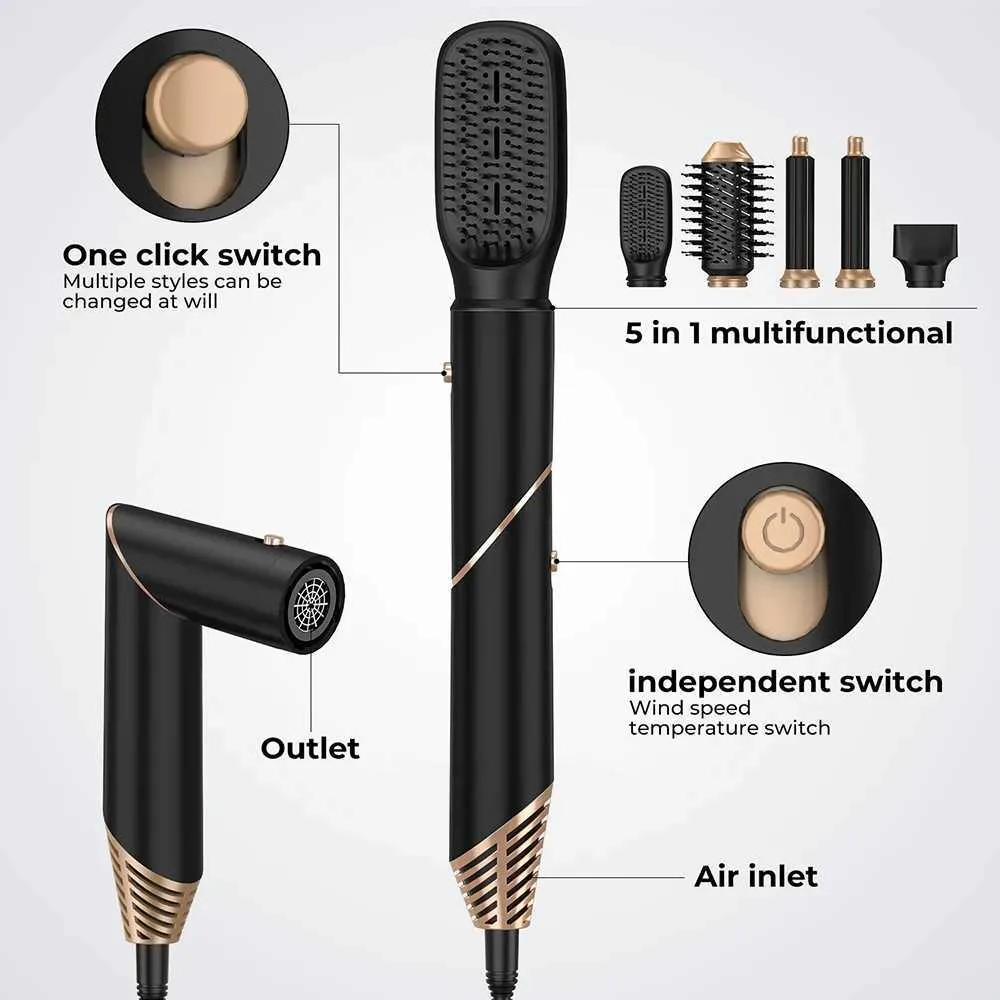 High-Speed 5-in-1 Hair Dryer Brush with Automatic Curling Iron, Foldable Curling Iron, Hair Straightener, Negative Ion Hot Air Comb, and Styler