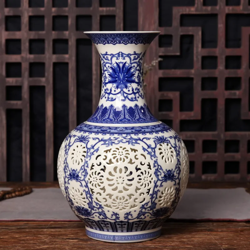 Hollow Ceramic Chinese Blue And White Pierced Living Room Decoration Porcelain Flower Vase