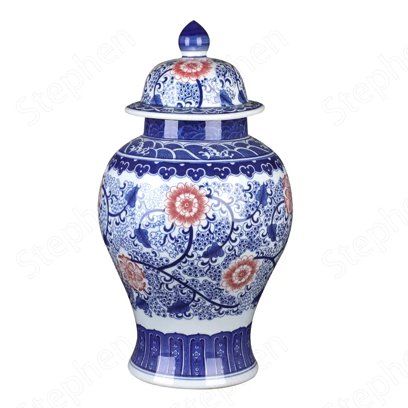 Porcelain Vase Chinese Retro High Floor Vase Suitable For Living Room Desk Ceramic Vase With Lid Home Decoration