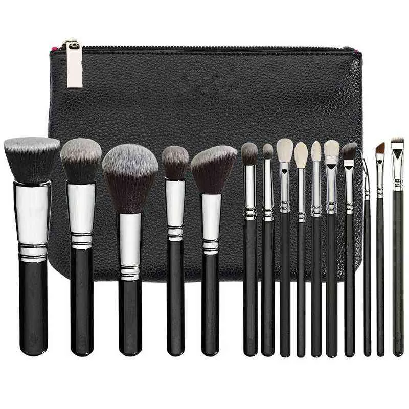 Makeup Brushes 15pcs Leather Women Zip Handbag Professional Powder Foundation Eyeshadow Tools