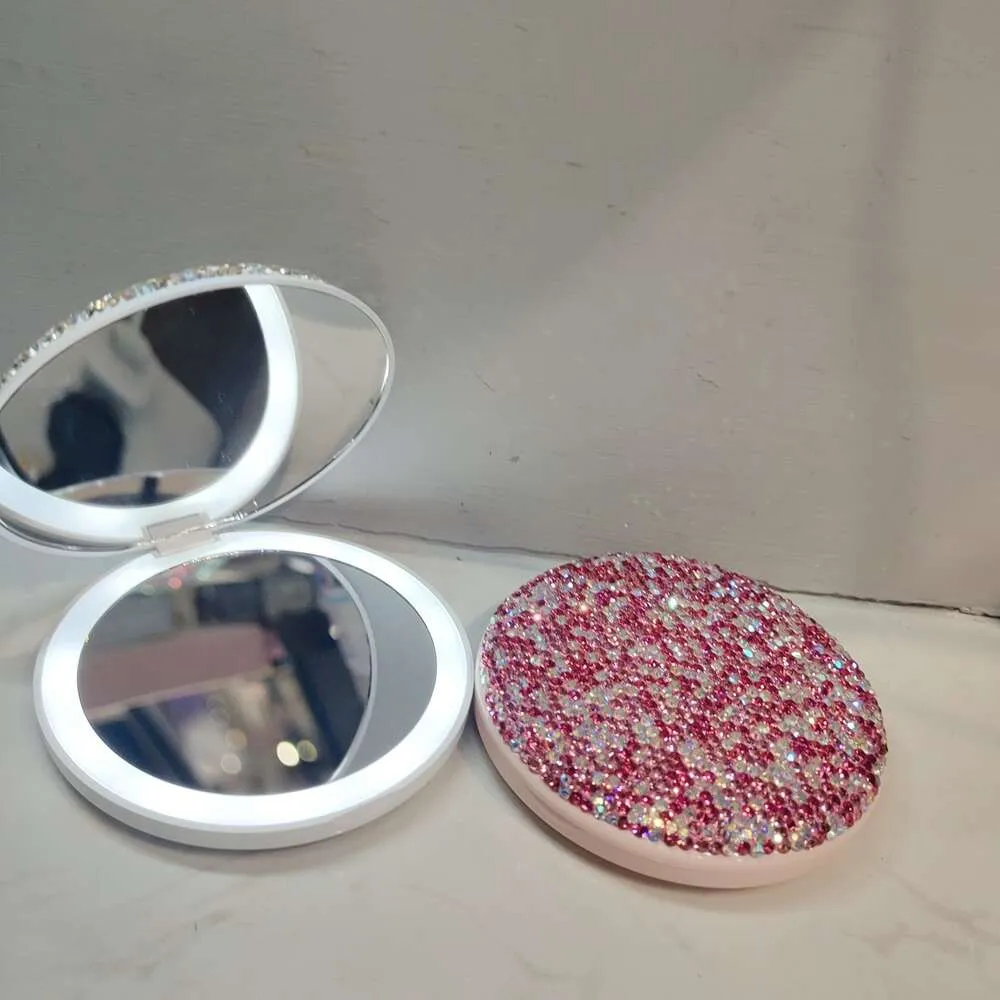 Makeup LED Chargeable Crystal Shiny Round Portable Princess Mirror Beauty Two-side Fold Small Tool for Girl Gifts