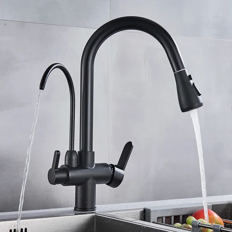 Matte Black Double Handle Pure Water Kitchen Faucet with Pull-Out Mixer Tap for Hot and Cold Drinking Water