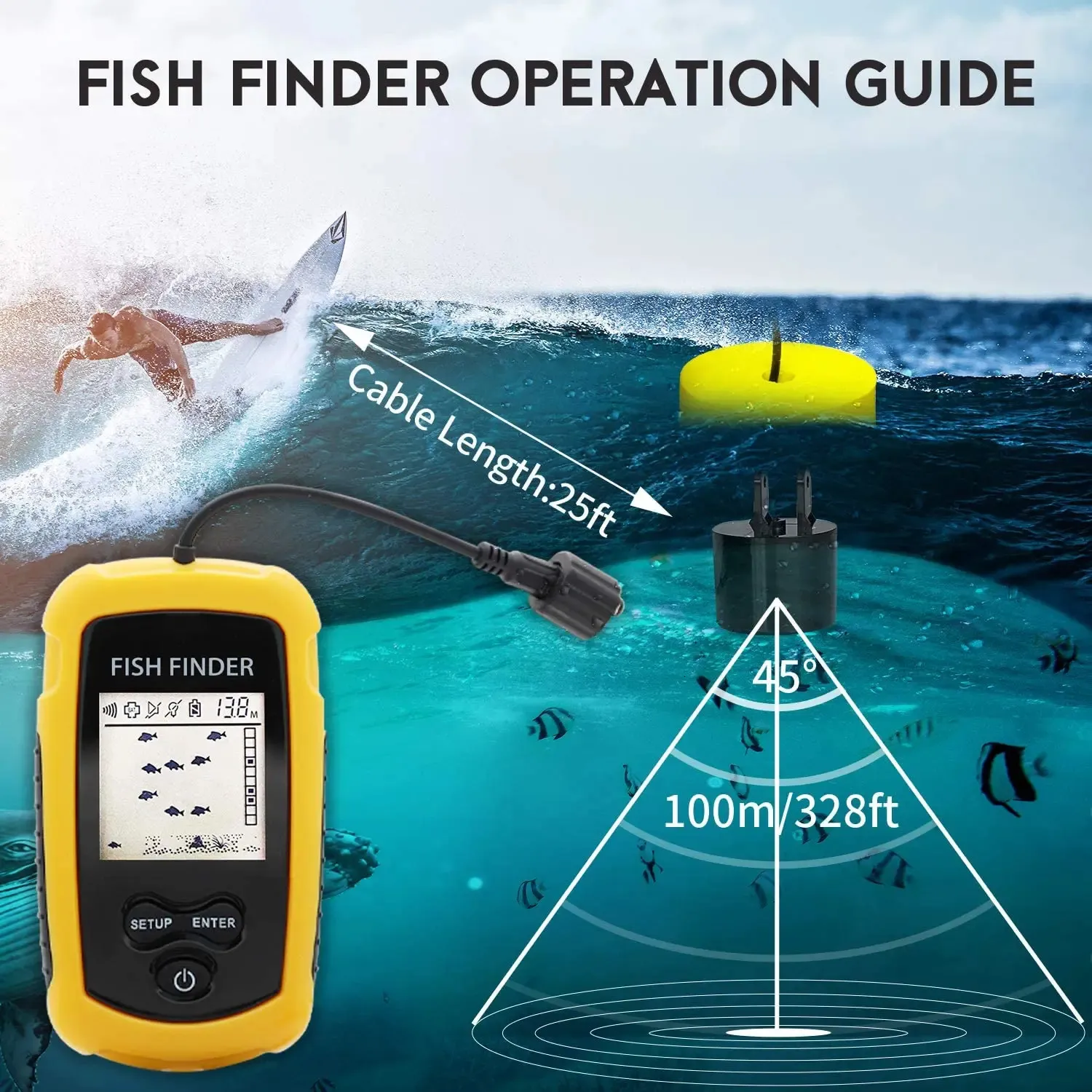 Portable Sonar Fish Finders with 100M Alarm and 45 degrees Sonar Coverage, Echo Sounder Alarm Transducer for Lake and Sea Fishing.