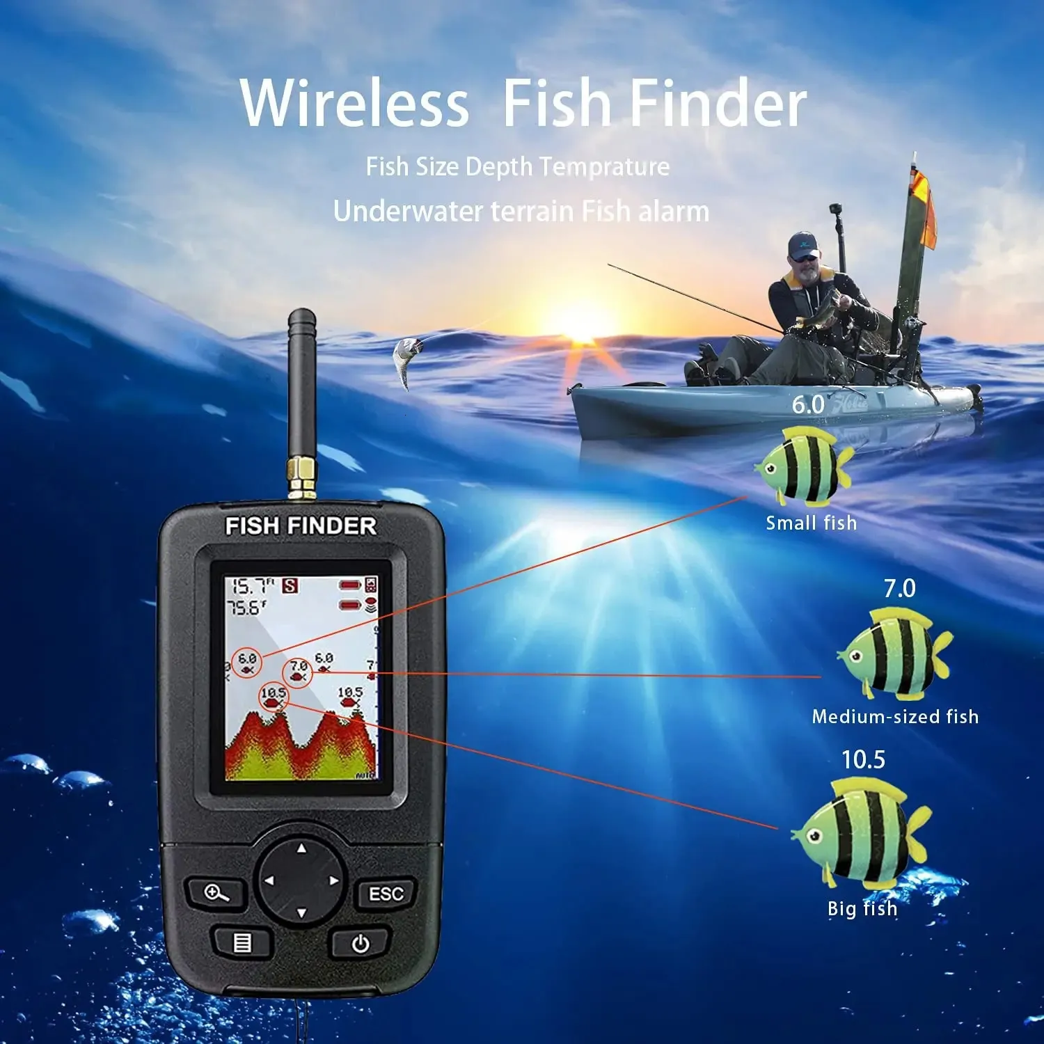 Wireless Sonar Fishing Alert, a Portable Fish Finder, an Underwater Echo Sounder and a Fishing Detector.