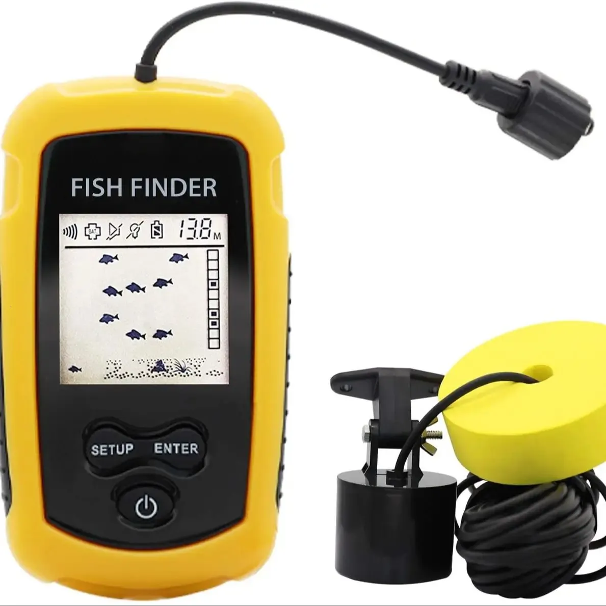 Portable Sonar Fish Finders with 100M Alarm and 45 degrees Sonar Coverage, Echo Sounder Alarm Transducer for Lake and Sea Fishing.