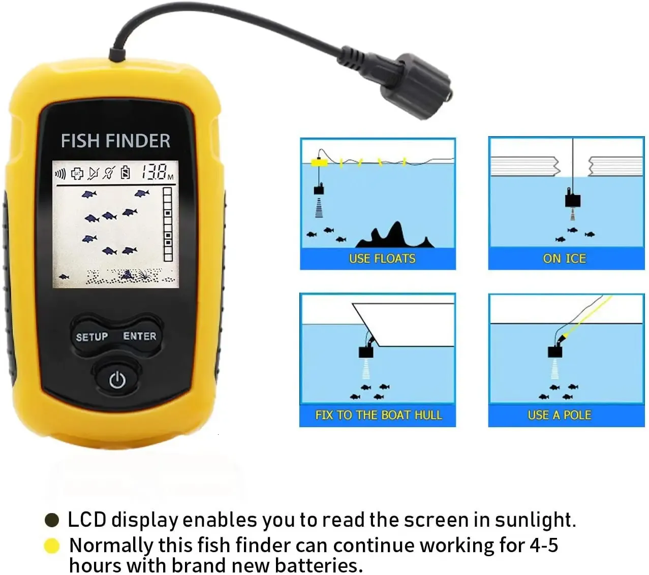 Alarm 100M Portable Sonar Fish Finders 45 degrees Sonar Coverage Echo Sounder Alarm Transducer Lake Sea Fishing